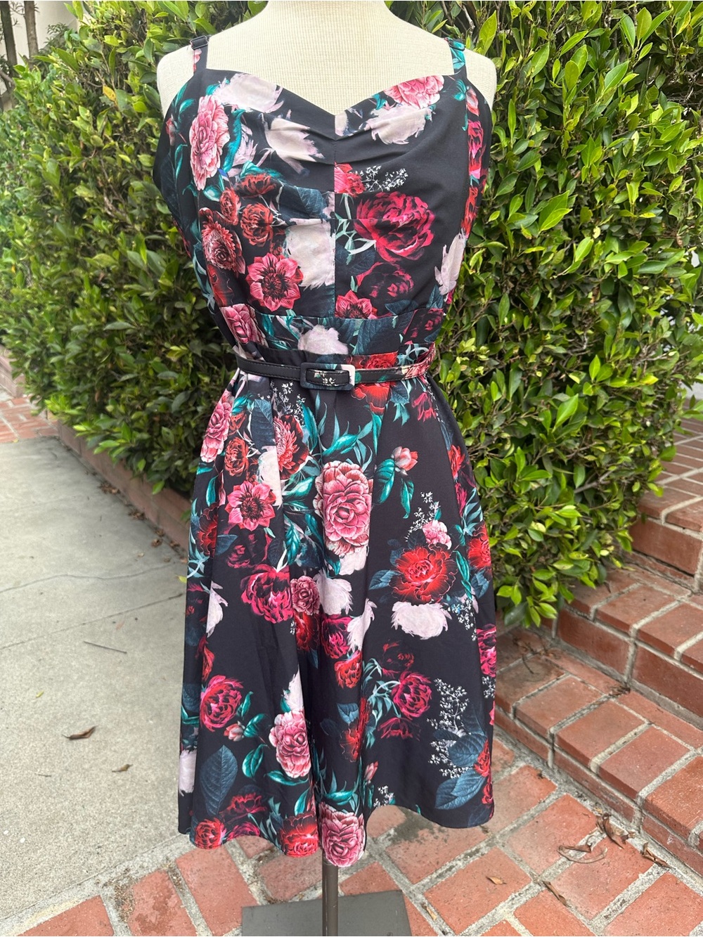 City Chic Black Midi Dress with Pink & Red Floral Print